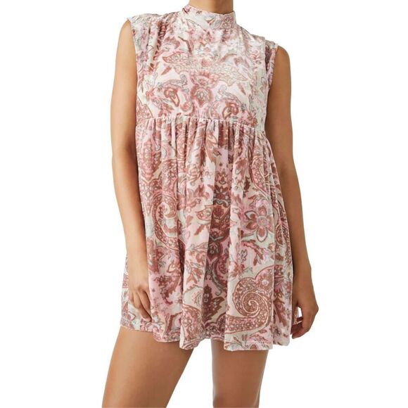 Free People Womens All the Time Velvet Babydoll Mini Dress Petal Combo Small NWT - Picture 2 of 13